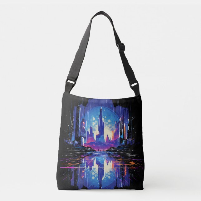 Futuristic Cyberpunk City Skyline Crossbody Bag (Front)