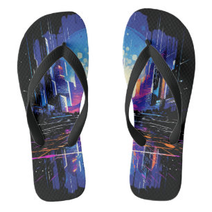 Futuristic Cyberpunk City Skyline Flip Flops