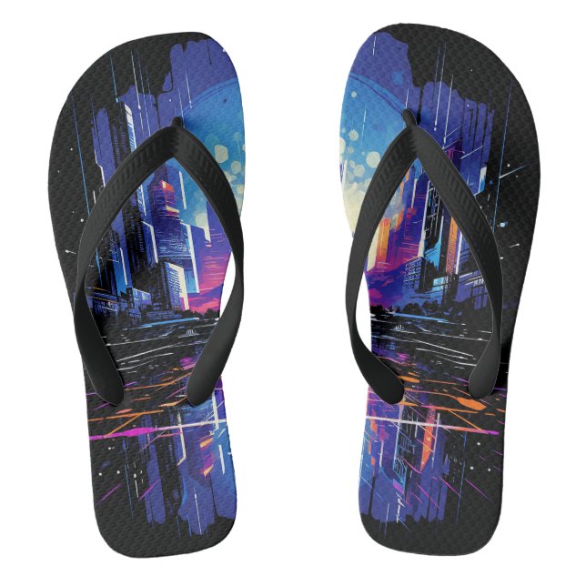 Futuristic Cyberpunk City Skyline Flip Flops (Footbed)