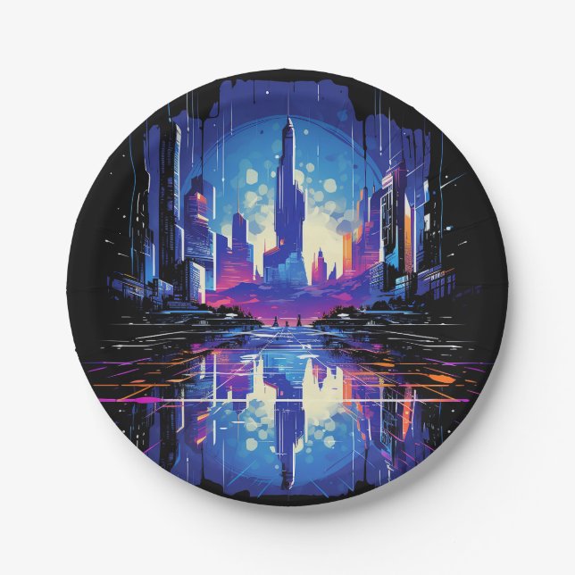Futuristic Cyberpunk City Skyline Paper Plates (Front)