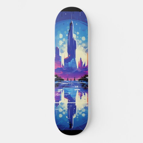 Futuristic Cyberpunk City Skyline Skateboard