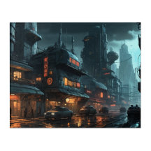 Futuristic Cyberpunk City Street Rainy Night