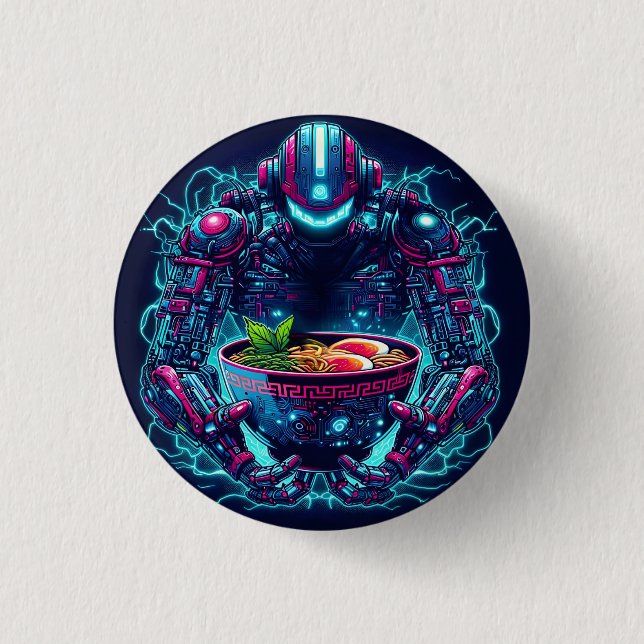 Futuristic Cyberpunk Robot Neon Food Ramen Button (Front)