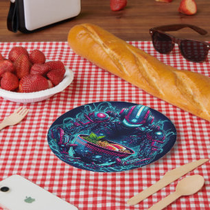 Futuristic Cyberpunk Robot Neon Food Ramen Paper Plates
