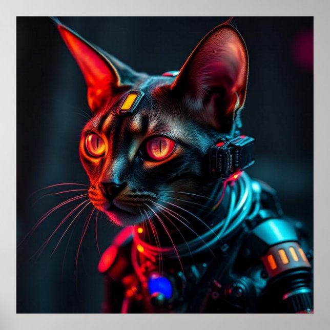 Futuristic cyborg cat on black background in cyb s poster (Front)