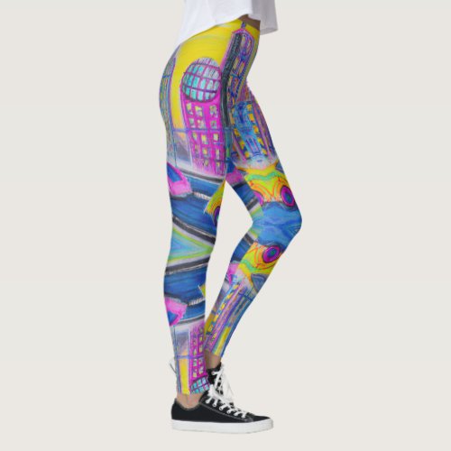 Futuristic Dreams Pink Pastel Cityscape Leggings