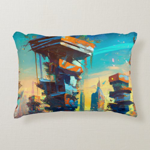 Futuristic Dystopian City AI Generated Painting Accent Pillow