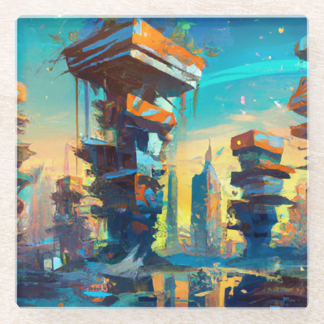 Futuristic Dystopian City, AI Generated Painting Glass Coaster (Front)