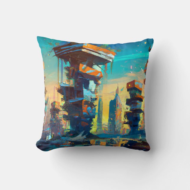 Futuristic Dystopian City, AI Generated Painting Throw Pillow (Front)