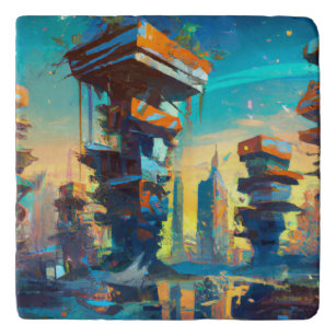 Futuristic Dystopian City, AI Generated Painting Trivet