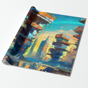 Futuristic Dystopian City, AI Generated Painting Wrapping Paper