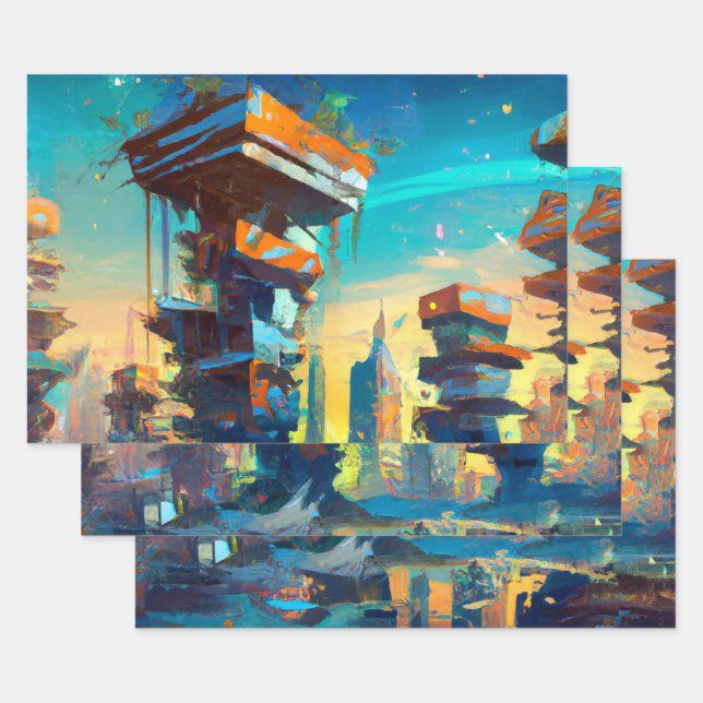 Futuristic Dystopian City, AI Generated Painting Wrapping Paper Sheets (Set)