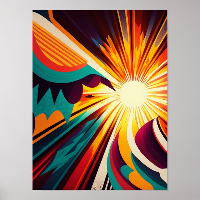 Futuristic Earth and Sun Line Art Retro Wall Art (Front)
