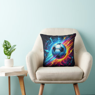 Futuristic Electric Football Soccer Ball Lightning Throw Pillow