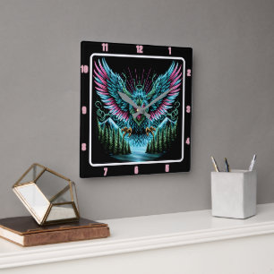 Futuristic Falcon Neon Illusion Effects Square Wall Clock