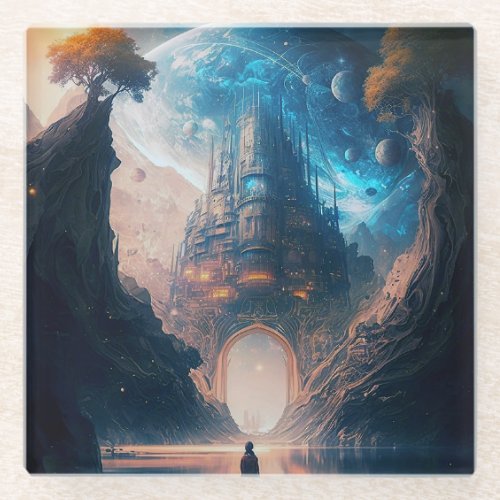 Futuristic Fantasy Castle Landscape Glass Coaster