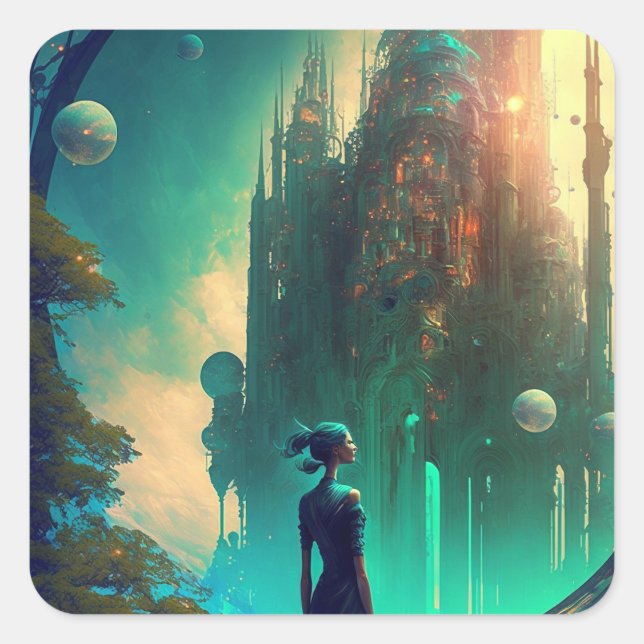 Futuristic Fantasy Castle Landscape Square Sticker (Front)
