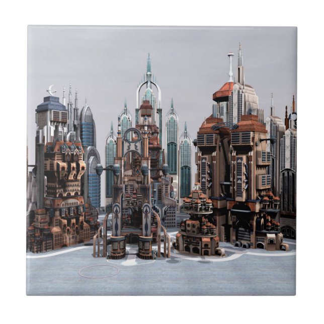 Futuristic Fantasy City Sci Fi Skyline Art Ceramic Tile (Front)