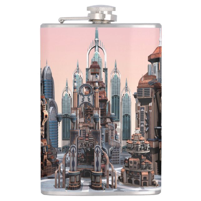 Futuristic Fantasy City Sci Fi Skyline Art Flask (Front)