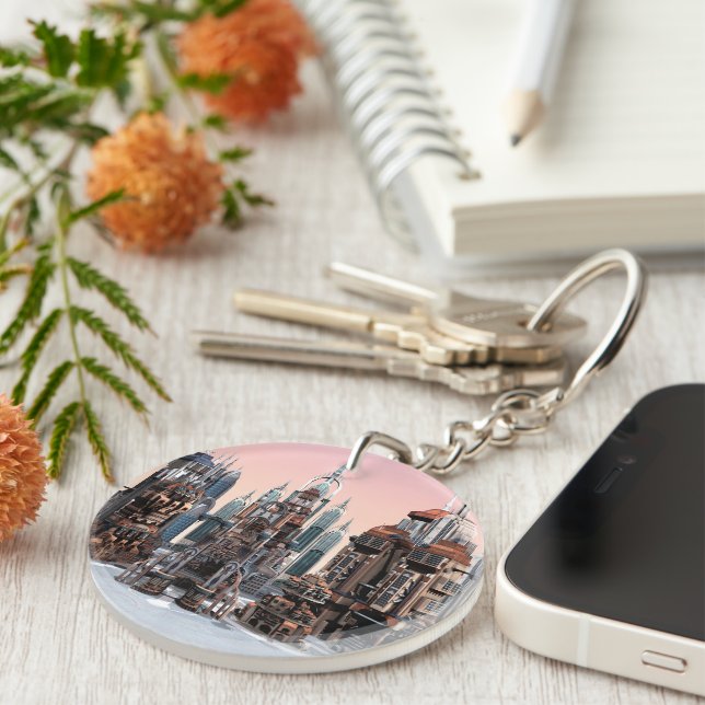 Futuristic Fantasy City Sci Fi Skyline Art Keychain (Front Right)