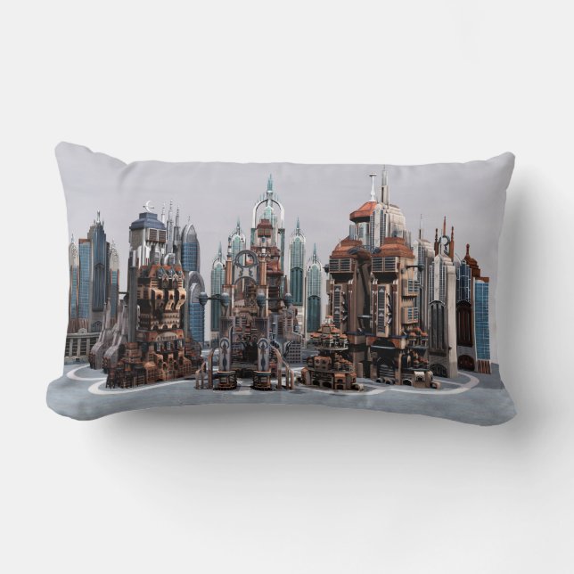 Futuristic Fantasy City Sci Fi Skyline Art Lumbar Pillow (Front)