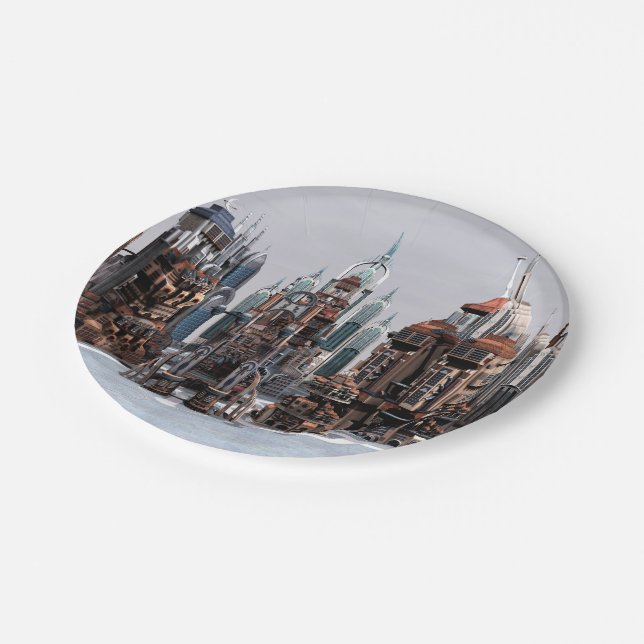 Futuristic Fantasy City Sci Fi Skyline Art Paper Plates (Angled)