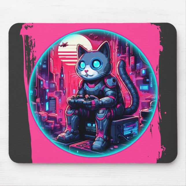 Futuristic Feline Tech Mouse Pad (Front)