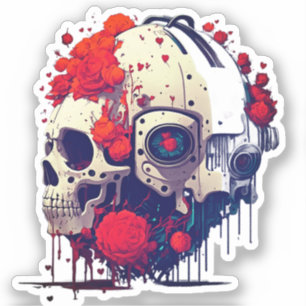Futuristic Floral Skull & Robot Fusion Sticker
