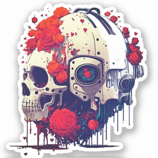 Futuristic Floral Skull & Robot Fusion Sticker (Front)