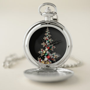 Futuristic Fractal Christmas Tree Mosaic Cubes Pocket Watch