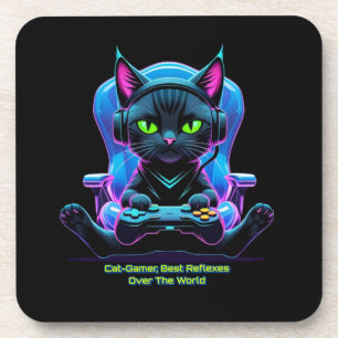 Futuristic gamer cat with joystick and feline atti beverage coaster