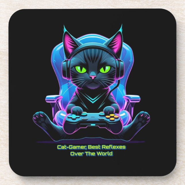 Futuristic gamer cat with joystick and feline atti beverage coaster (Front)