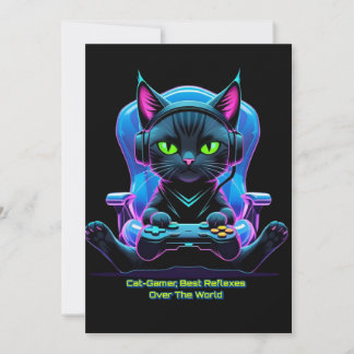 Futuristic gamer cat with joystick and feline atti invitation