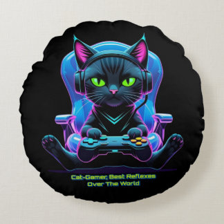Futuristic gamer cat with joystick and feline atti round pillow