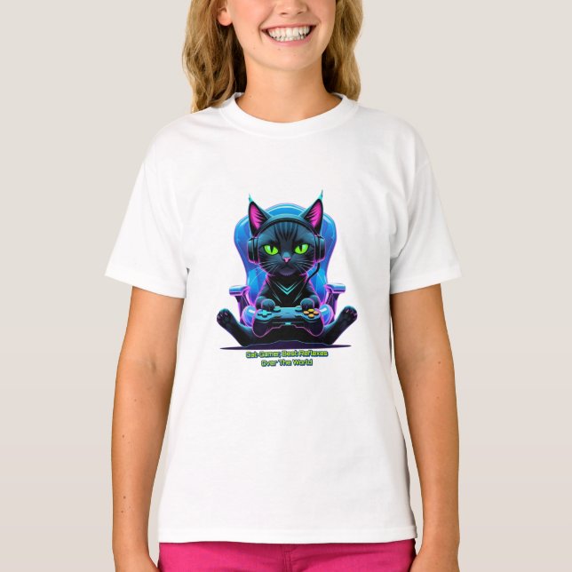 Futuristic gamer cat with joystick and feline atti T-Shirt (Front)
