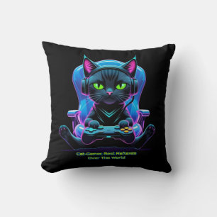 Futuristic gamer cat with joystick and feline atti throw pillow