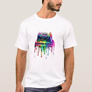Futuristic Gamer Tee, Game Controller Drip Design T-Shirt