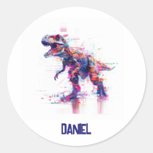 Futuristic Glitch T-Rex Dinosaur With Kids Name Classic Round Sticker