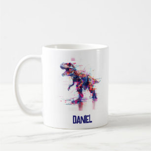 Futuristic Glitch T-Rex Dinosaur With Kids Name Coffee Mug