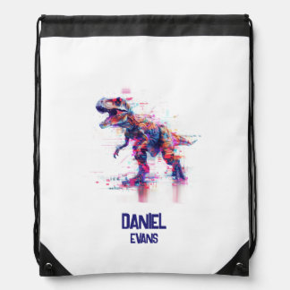 Futuristic Glitch T-Rex Dinosaur  With Kids Name Drawstring Bag