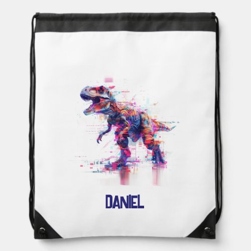 Futuristic Glitch T_Rex Dinosaur  With Kids Name Drawstring Bag