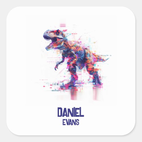 Futuristic Glitch T_Rex Dinosaur  With Kids Name Square Sticker