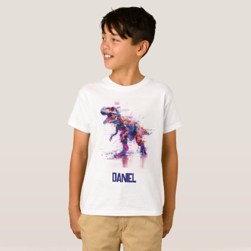 Futuristic Glitch T_Rex Dinosaur  With Kids Name T_Shirt
