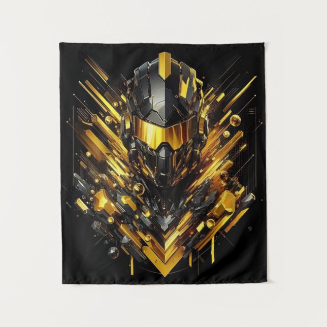 Futuristic Gold Armor – Abstract Digital Art Tapestry (Front)