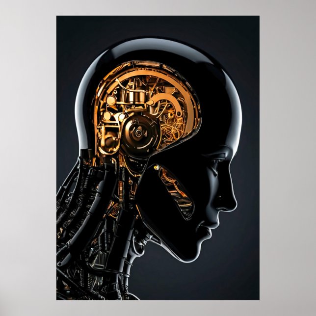 Futuristic Gold Mechanical Brain Black Cyborg Head Poster (Front)