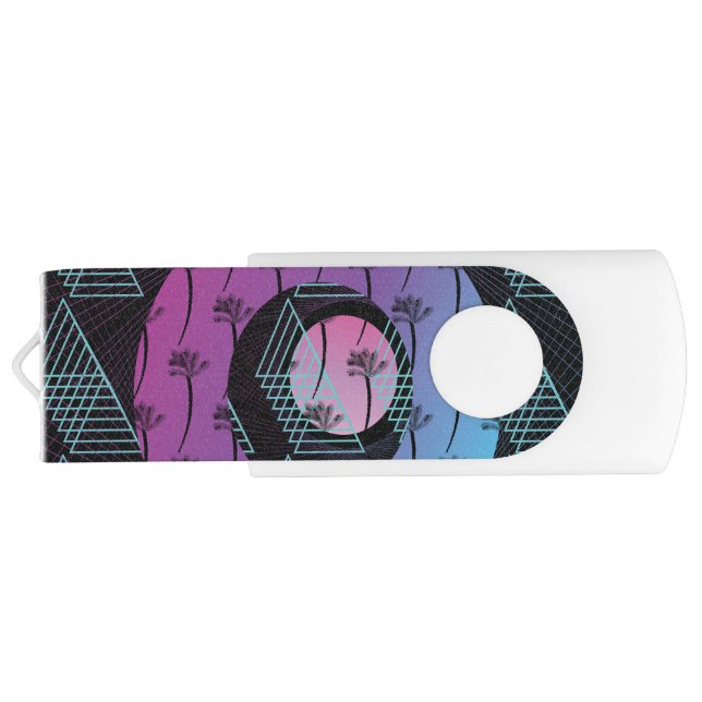 Futuristic Gradient Palm Tree Geometric Black Flash Drive (Back)