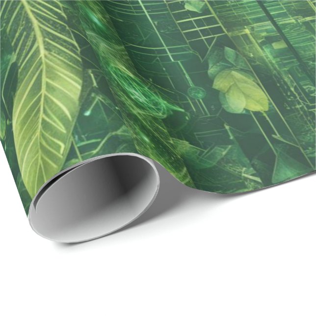 Futuristic Green Leafy Pattern Wrapping Paper (Roll Corner)