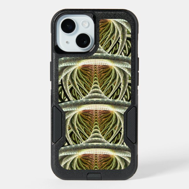 Futuristic Green, White and Orange Abstract iPhone 15 Case (Back)