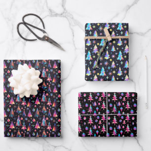 Futuristic Holographic Christmas Pattern Wrapping Paper Sheets