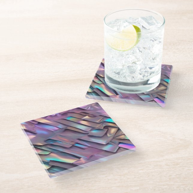 Futuristic iridescent/abstract holographic  glass coaster (Angled)
